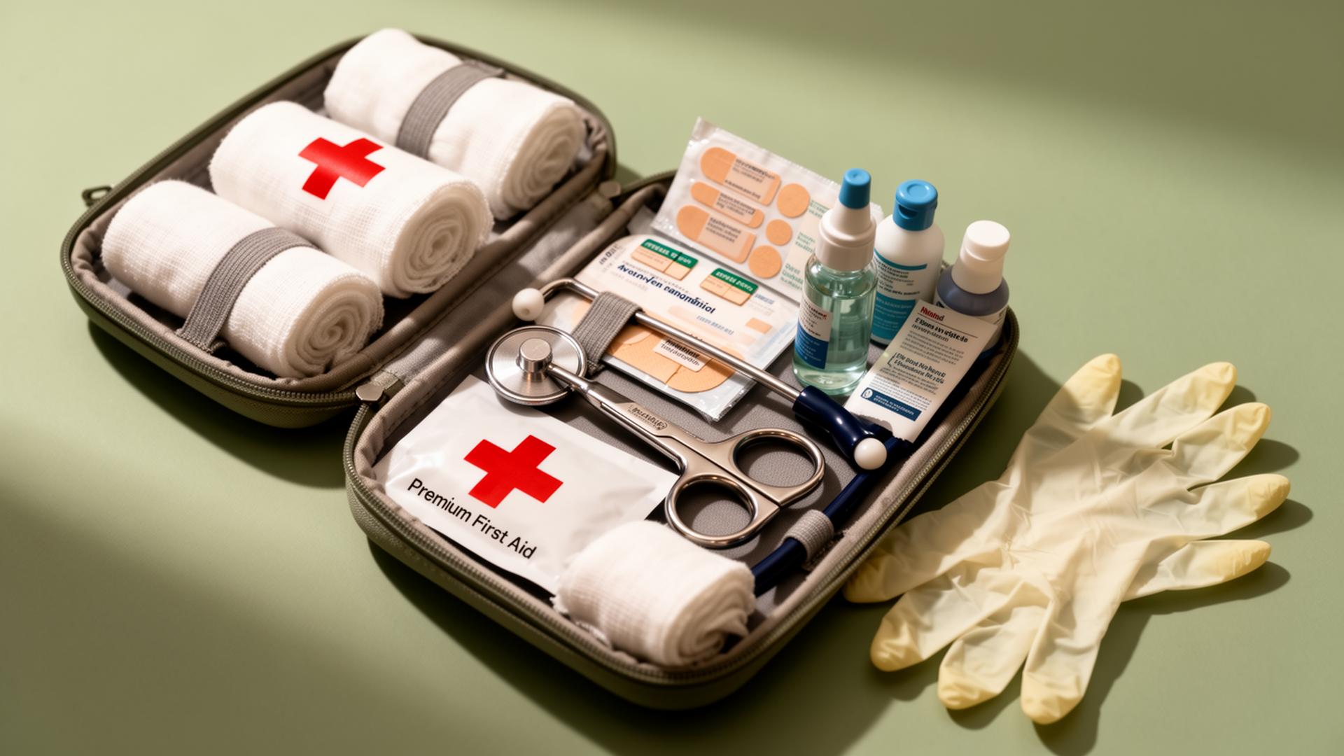 An open first aid kit with supplies